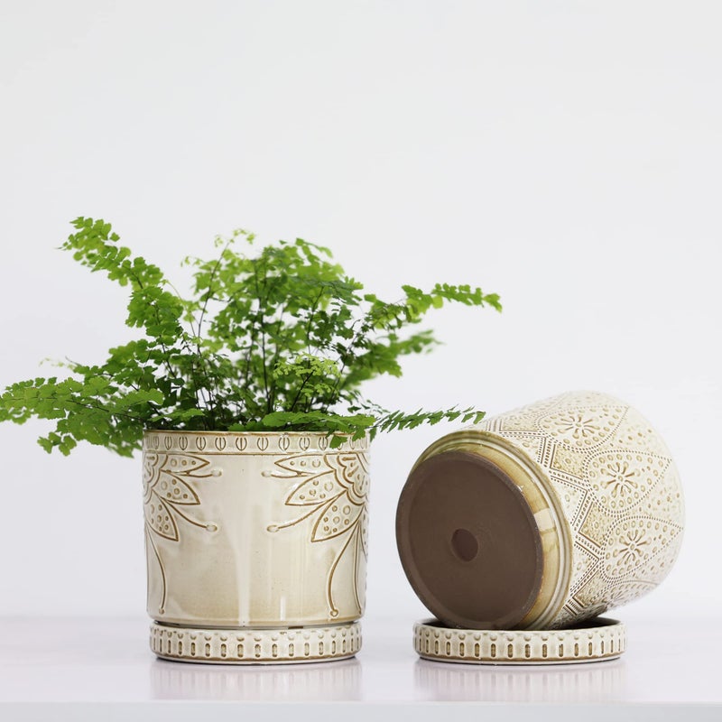 YFFSRJDJ 6 Inch Indoor Plant Pots with Drainage Holes and Saucers  Ceramic Planter for Plants  Flower Pot - Set of 2 - Image 5